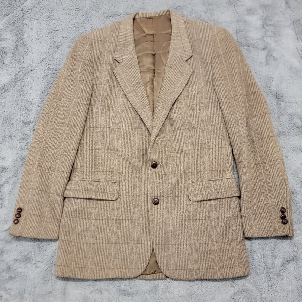 Vintage Camel Wool Tweed Blazer Mens 42L Beige Sport Coat Wood Buttons 90s